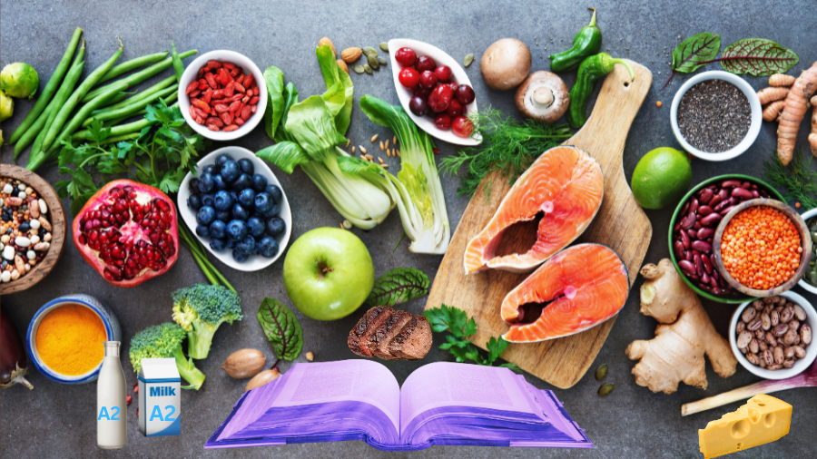 A colorful display of biblical whole foods including fish, fruits, vegetables, grains, and A2 milk representing God’s natural design for wellness and healing.