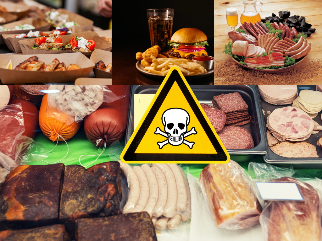 Assorted processed foods and fast foods with warning sign symbolizing toxic chemicals in the American food supply.