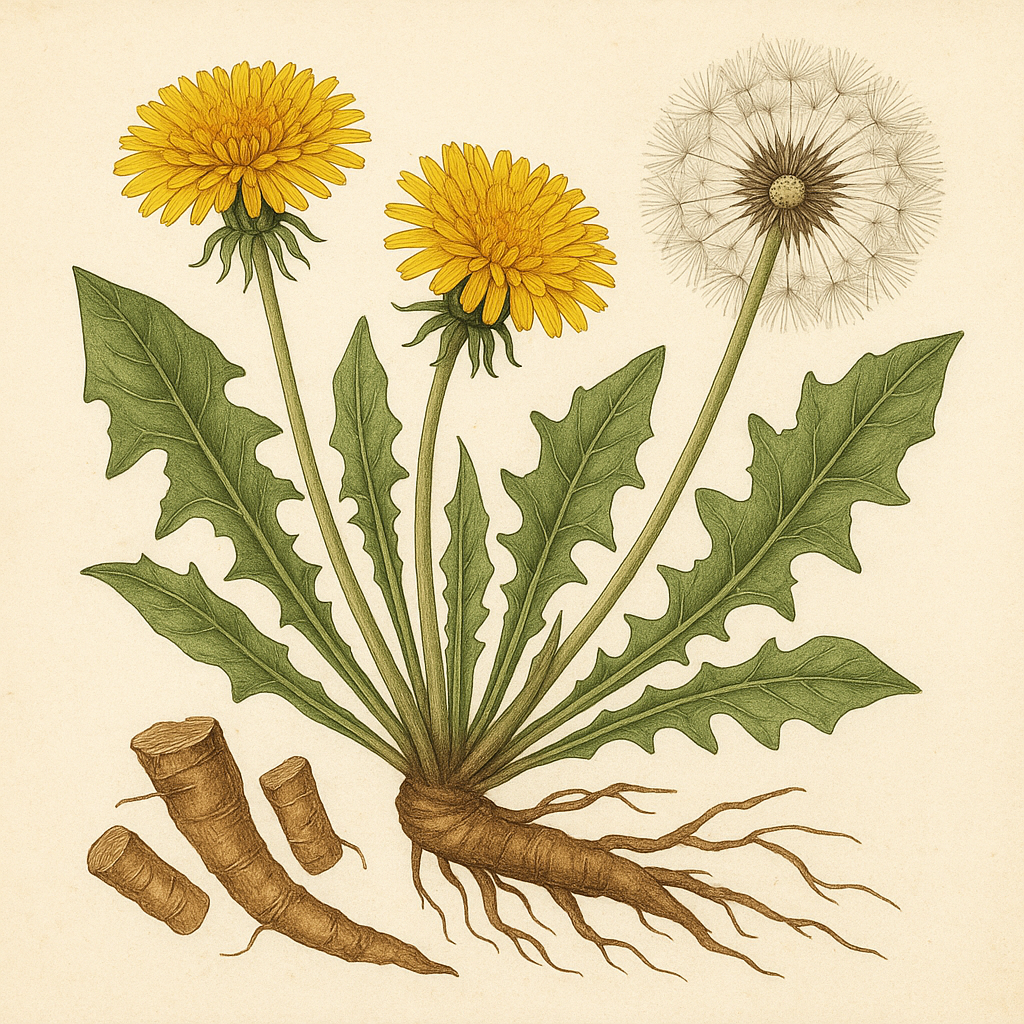 Botanical illustration of dandelion plant with roots, leaves, yellow flowers, and seed head used to highlight the health benefits of dandelion root.