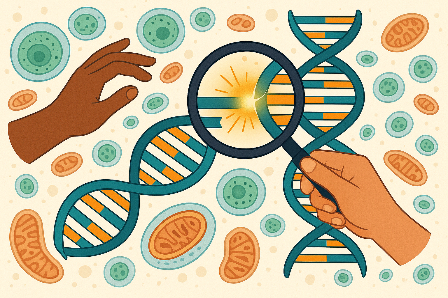 “Illustration of brown-skinned hands examining a DNA strand with a magnifying glass, surrounded by cells and mitochondria to represent DNA repair and cellular health.”