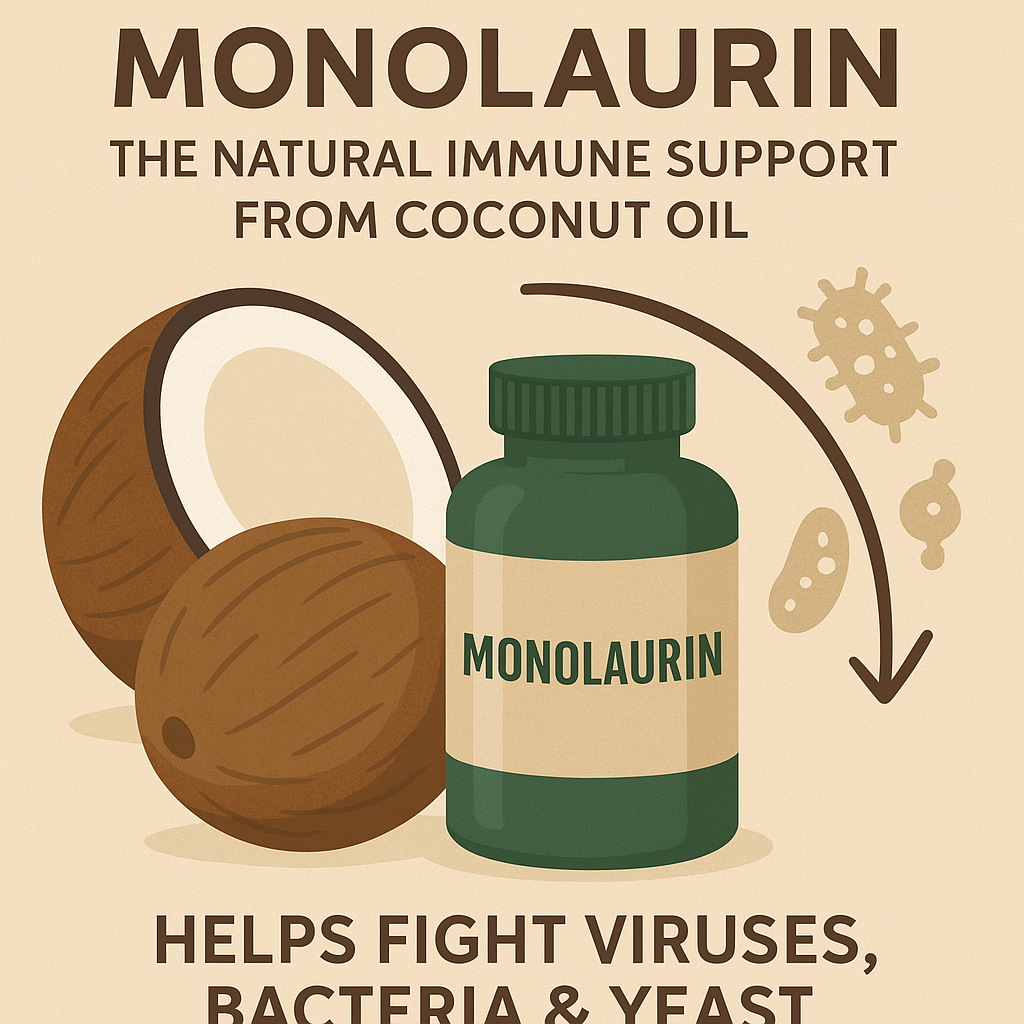 Monolaurin supplement from coconut oil supporting immune health and protecting against viruses, bacteria, and yeast.