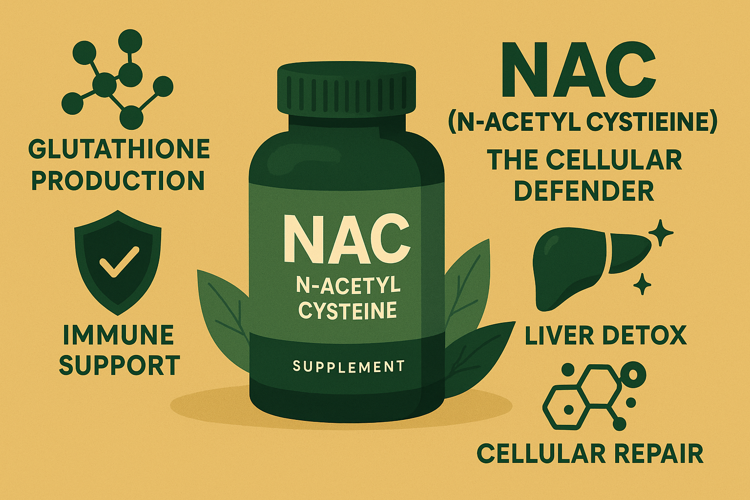 NAC (N-Acetyl Cysteine) supplement supporting glutathione production, immune health, liver detox, and cellular repair.