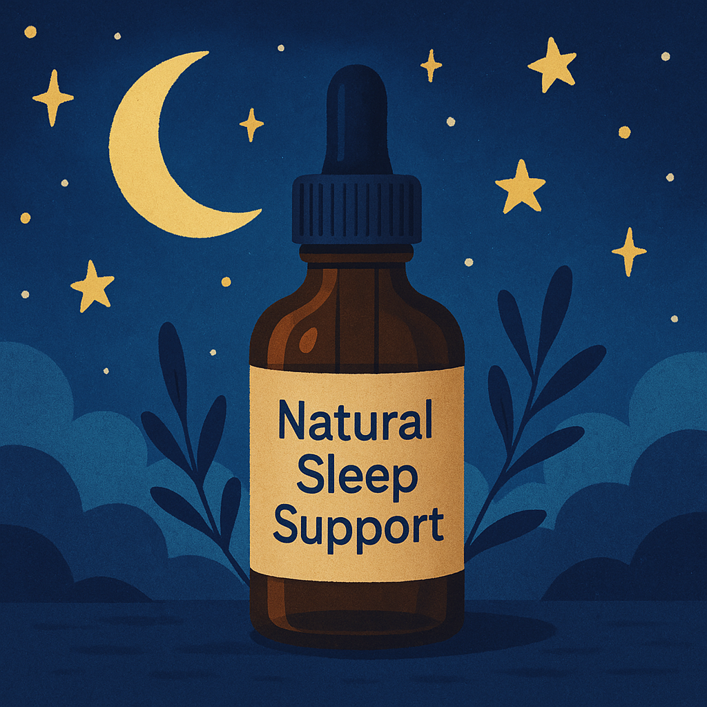 Natural sleep support concept illustration featuring a nighttime botanical dropper bottle with a glowing crescent moon.