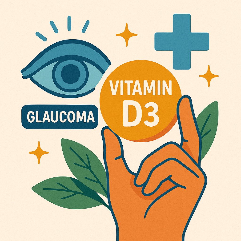 Illustration of Vitamin D3 positively affecting glaucoma, showing a stylized eye labeled “glaucoma,” an orange Vitamin D3 supplement tablet held between fingers, green healing leaves, and medical wellness symbols.
