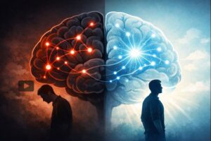 Illustration of the human brain showing dopamine dysregulation on one side and neurological recovery on the other