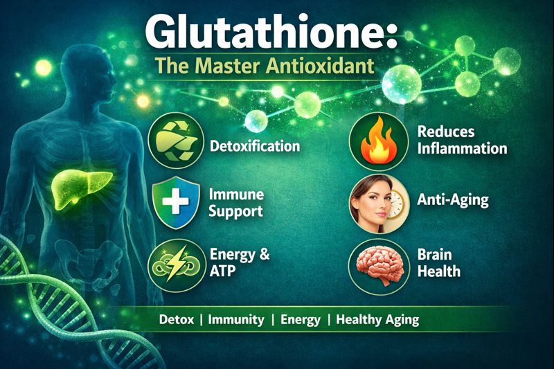 “Glutathione master antioxidant infographic showing benefits for detoxification, immune support, energy, inflammation reduction, anti-aging, and brain health.”