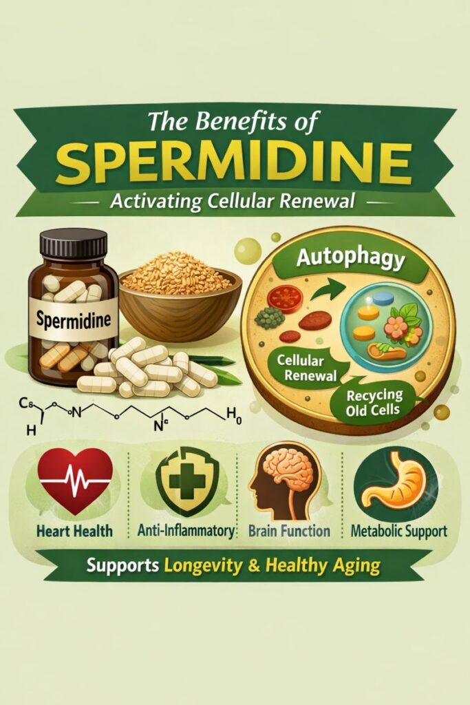 Illustration showing spermidine benefits including autophagy activation, cellular renewal, heart health, brain function, anti-inflammatory support, and longevity
