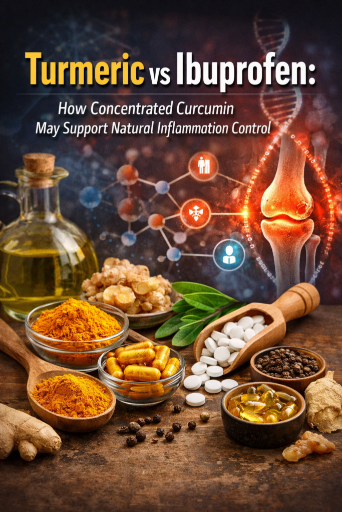 Turmeric powder, curcumin capsules, olive oil, ginger, black pepper, and supplements displayed next to inflammation and joint health medical illustration representing natural inflammation support.