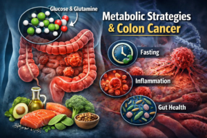 Illustration of the large intestine with colon tumors highlighting metabolic factors such as glucose, glutamine, fasting, inflammation, and gut microbiome health.