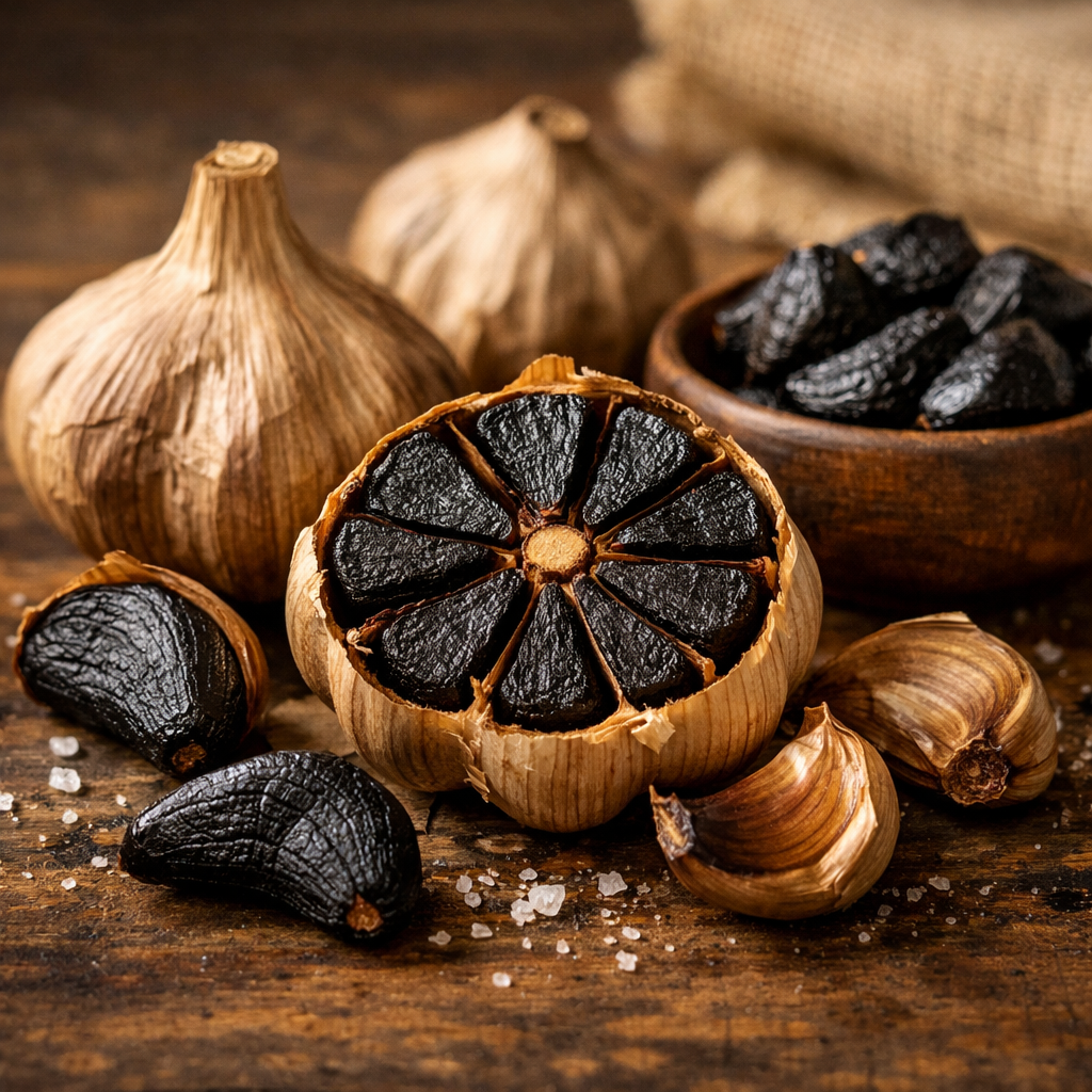 Black garlic cloves showing antioxidant-rich fermented garlic benefits