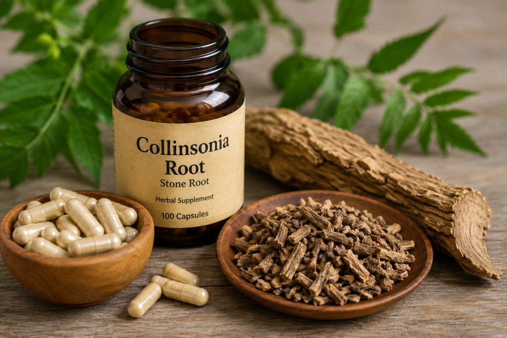 Collinsonia root herb capsules and dried stone root used as a natural remedy for hemorrhoids and vein health