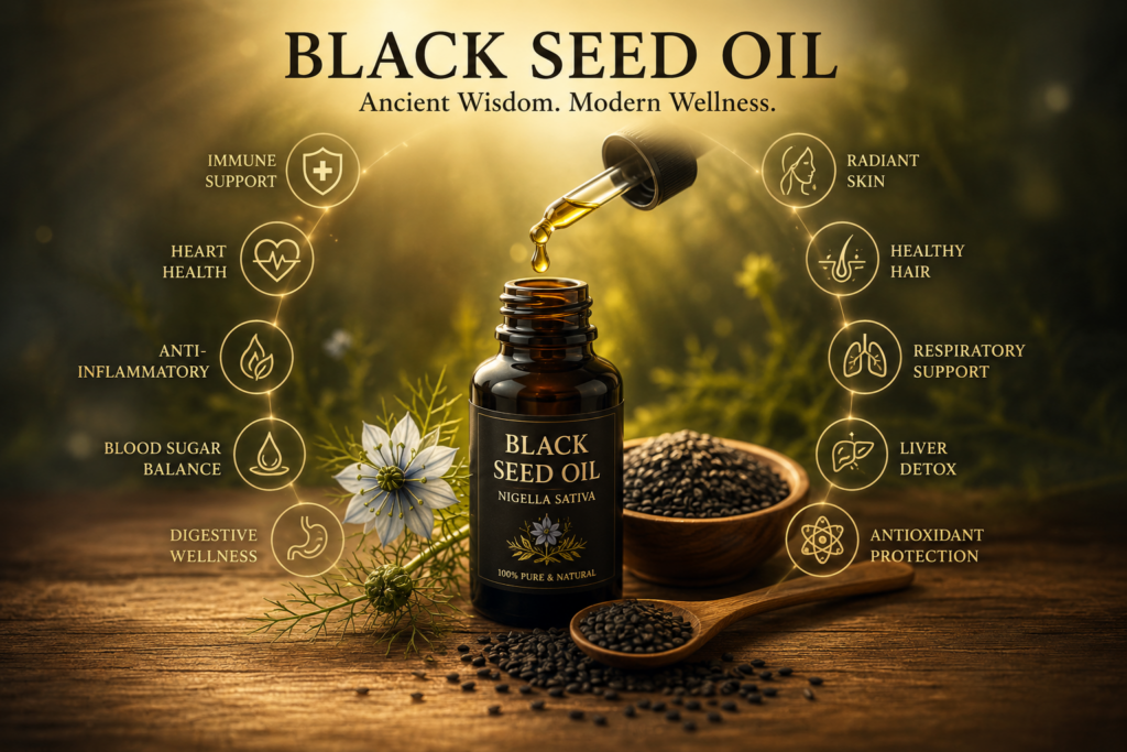 Black seed oil (Nigella sativa) bottle surrounded by black seeds highlighting its benefits for immune support, heart health, inflammation, digestion, skin, and hair wellness.